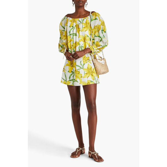Alice + Olivia Artemis Off the Shoulder 3/4 Sleeve Mini Dress Floral Yellow L - Picture 1 of 10